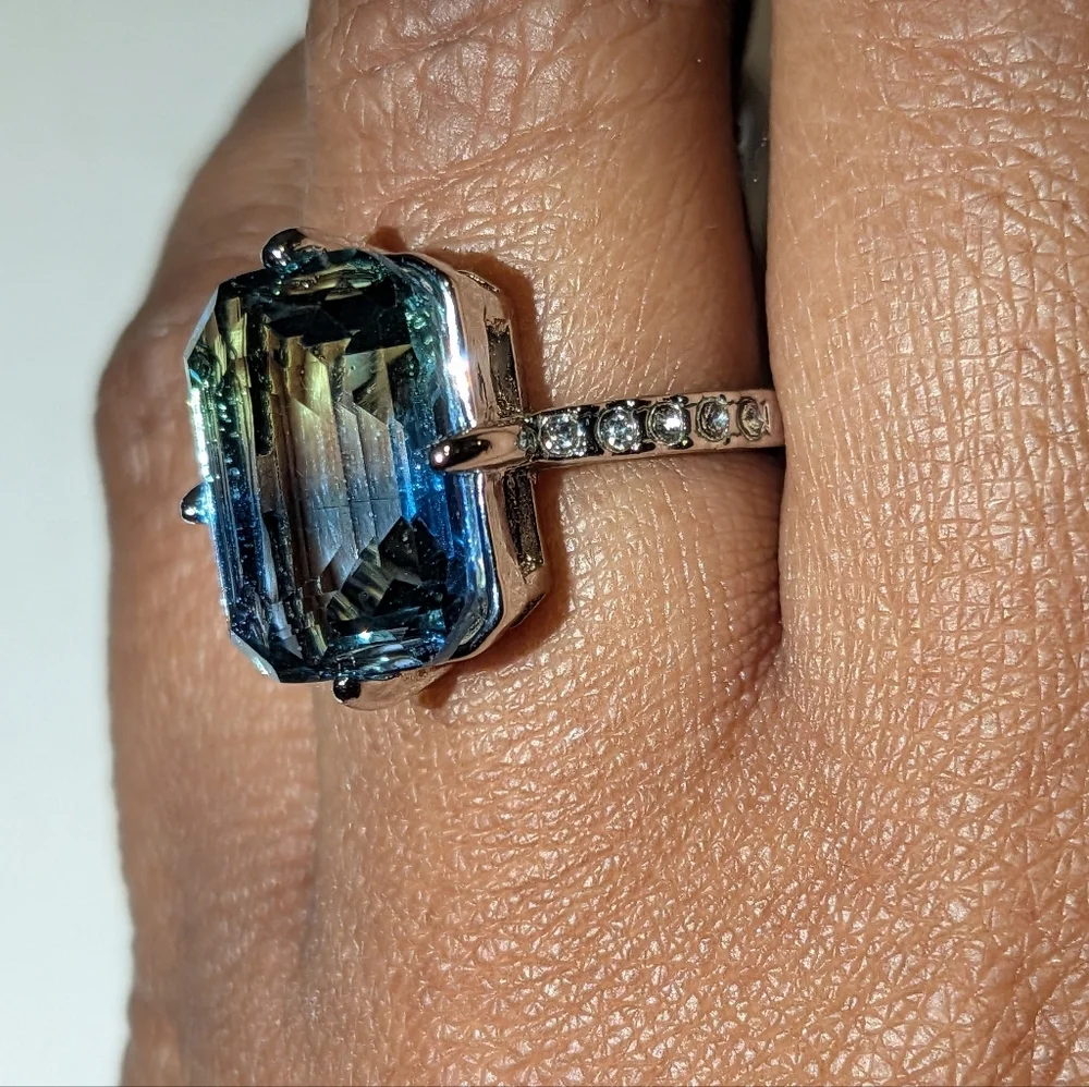 Blue/Green Tourmaline Ring, 14K White Gold Plated Double Color Gemstone Sz 6
